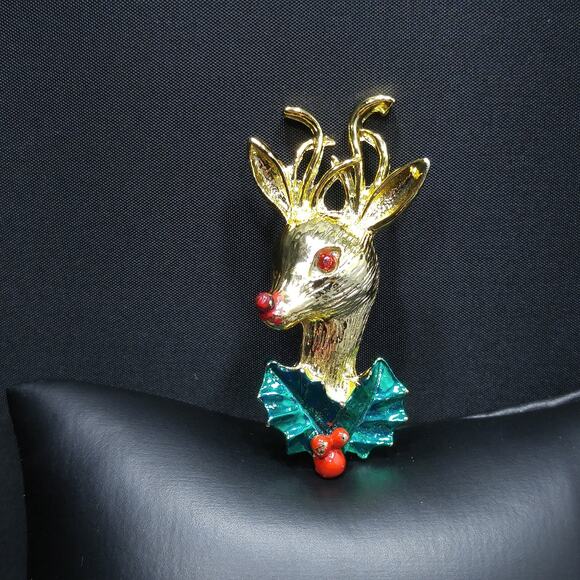 Vintage Rudolph Red Nose Reindeer Brooch, Enamel Holly, 1960s, 2 Inches - Picture 8 of 10